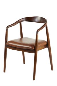 TEAK & LEATHER DINIG CHAIR② 64776 | Brown Teak Wood Handmade Kitchen Dining Chair with Leather