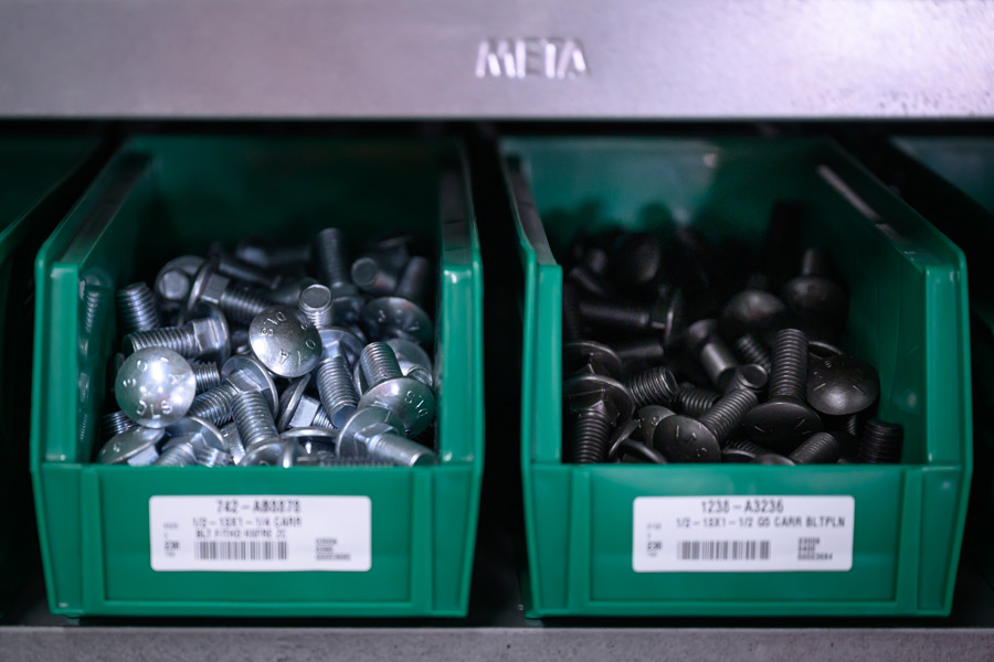 example of bolts stored in bins on shelf