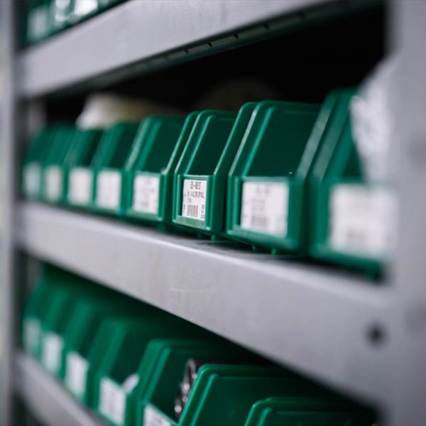 row of single-bin shelving