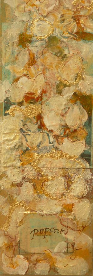 Still Life Popcorn 2_acrylic and mixed media on wooden panel_3”x9”x1”_1lb.jpeg by Florence Gray-Ybarra (2026)