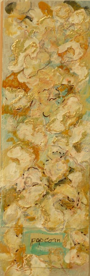 Still Life Popcorn 3_acrylic and mixed media on wooden panel_3”x9”x1”_1lb.jpeg by Florence Gray-Ybarra (2026)