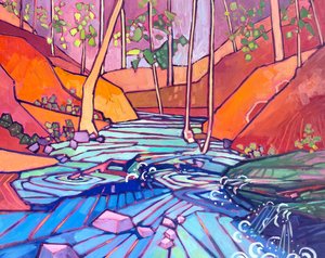 Stream in the woods in Blue and Orange by Judy Hodge
