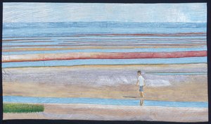 Cadrain_Diane_striped Beach with Boy_Acrylics_24 x 36_$1200 by Diane Cadrain (2025)