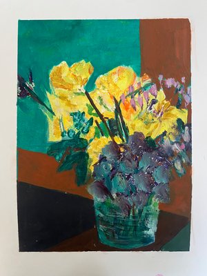 Yellow Flowers and Turquoise Window by Nancy Librett