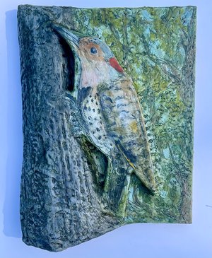 Northern Flicker bas relief by Marcie Wolf-Hubbard (2025)