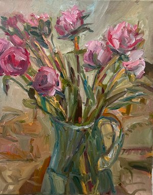Pink roses in the green vase by SIVIA BRAUNSTEIN (2025)