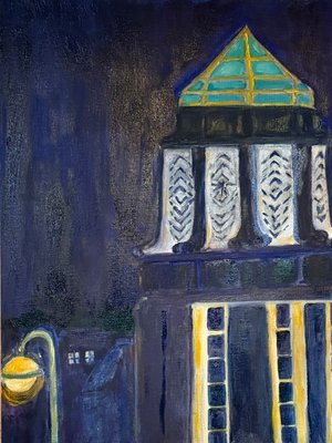 Nocturne in St. Charles Municipal Bldg. 16x12 oil panel by Catherine Kolecki