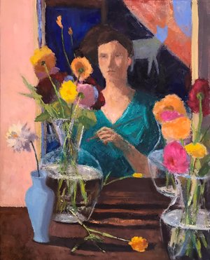 Self portrait behind Dahlias by Lauren Kindle (2024)