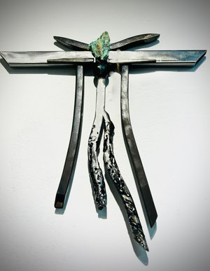 Rutkowski_(prophecy of) Rooted Energy_2025_ Brushed, Patinated + Flame Torched_ 13”h  x 13” w x 1”d  by Janet Rutkowski (2025)
