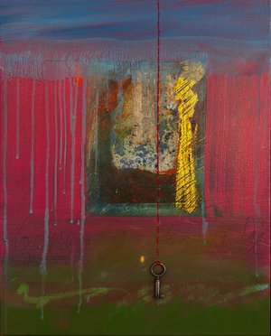 Rollins Beneath the whispering wood (ode to Thoreau) oil on canvas, antique page, gold leaf, vintage by Susan Rollins (2026)