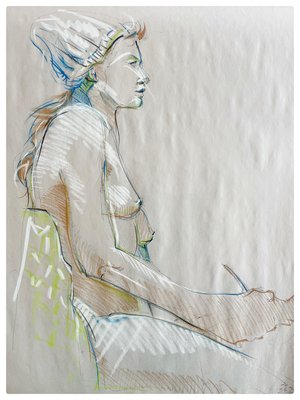 Pollard_Female Study with Hat_Ink, color stick _300 by David Pollard (2025)