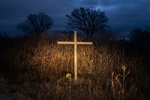 Memorial to a Family Killed by a Tornado in May 2008, Picher, OK, Tar Creek Superfund Site. by Jennifer Little