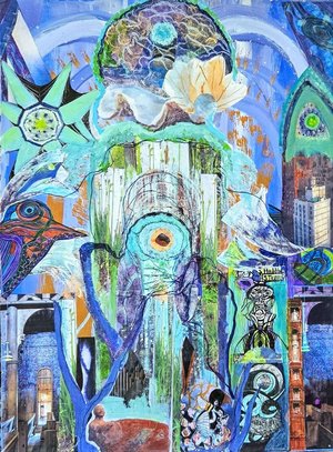 Blue Cathedral Mixed Media 30x23 by Judy Fox (2025)