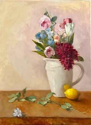 White Pitcher with Floral Mix and Lemon by Mary Smoot Souter