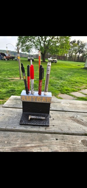 Desktop business card and pen holder with brass inlay by Joey Kerns (2025)