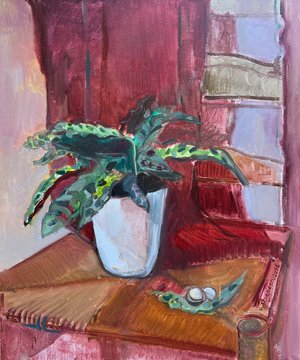 Still Life with Houseplant and Red Drapery by Alexandra Iulia Stoenescu