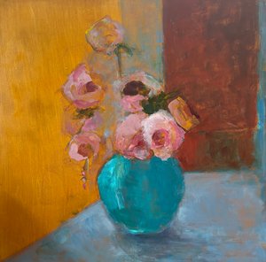Hollyhocks in Blue Bowl  by Doris Peltzman