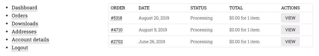 WooCommerce Customer Dashboard list of recent orders
