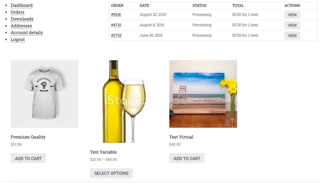 WooCommerce customer dashboard recent orders with grid of unique product purchased.