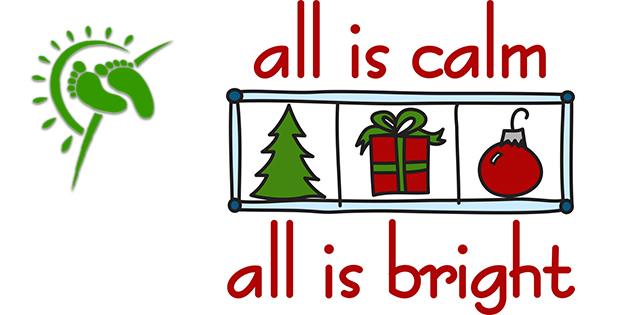 all is calm all is bright text with 3 small pictures: green tree, red/green gift with green bow, red glass ornament