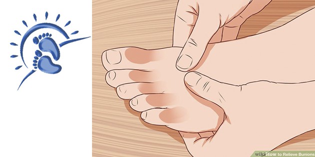 picture of opposing thumbs massaging the space between the 1st and 2nd metatarsals of the left foot