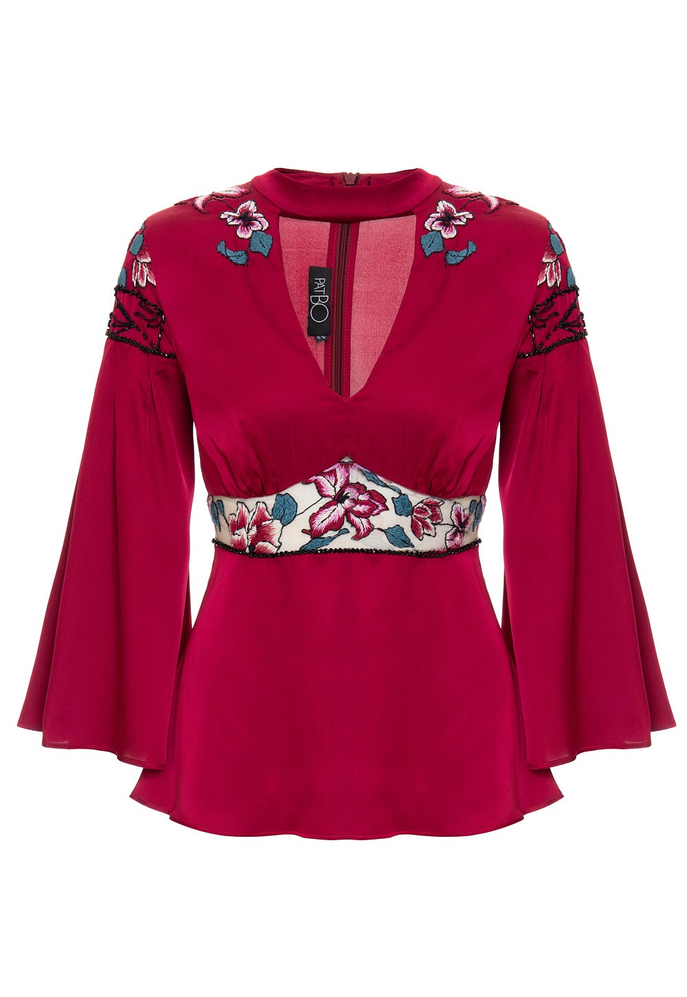 Blusa De Cetim Bordado Floral Vinho Patbo