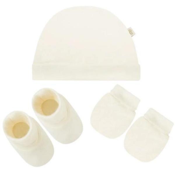 Kit c/ Touca, Luva e Sapatinho para bebe em malha Marfim - Pingo Lelê