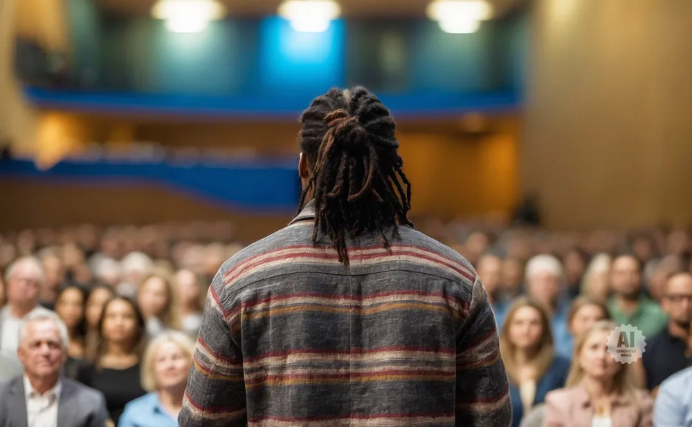 Man with dreadlocks in a striped shirt speaks to an audience in an auditorium.
