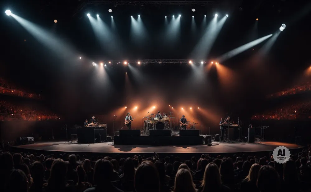 A band performs on a stage lit by spotlights, with a large audience in the foreground.