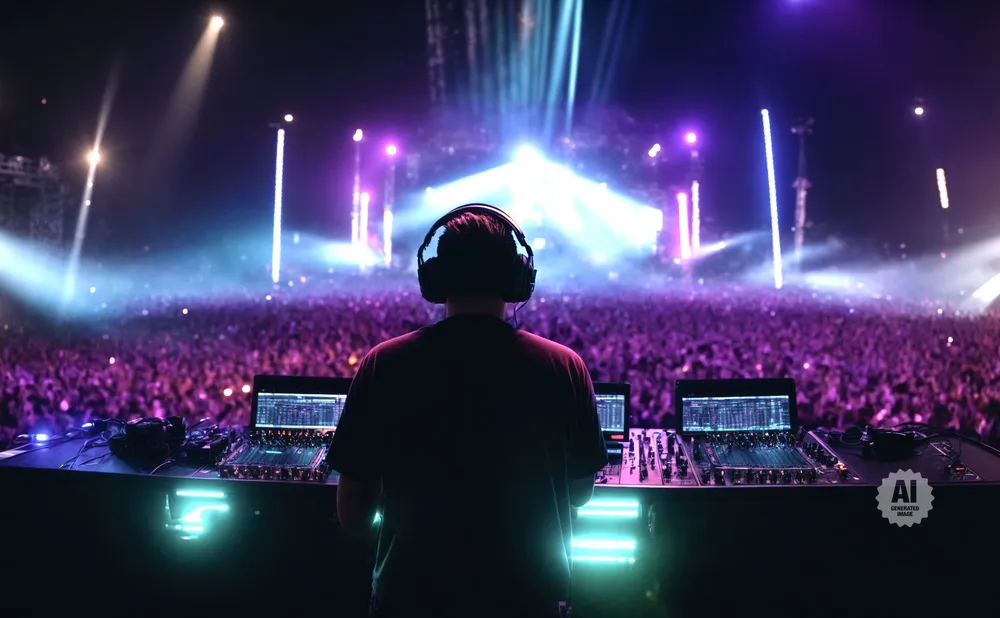 DJ in headphones plays music for a large crowd at a concert with bright stage lights.