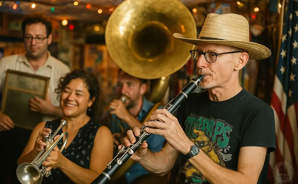 A jazz band plays, with a clarinetist in the foreground, a trumpeter to his left, and a tubist behind them.