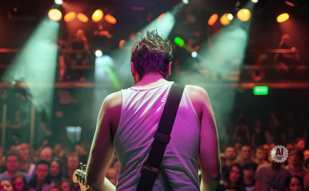 Guitarist on stage in a white tank top with a black strap, performing for a crowd at a concert with stage lights.
