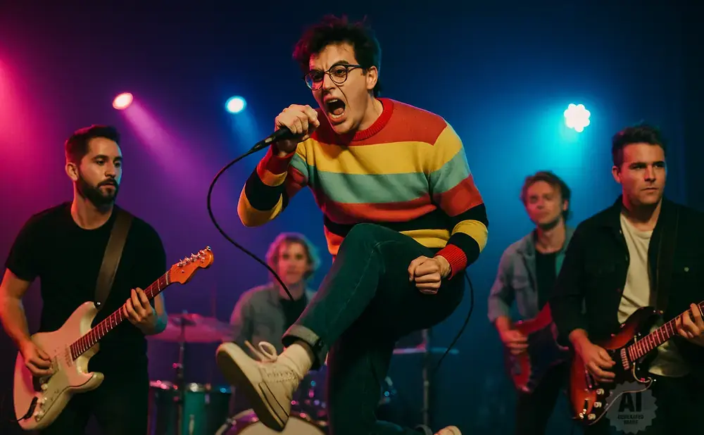 A band performs on stage with vibrant pink and blue lighting. The lead singer is in focus, singing into a microphone.