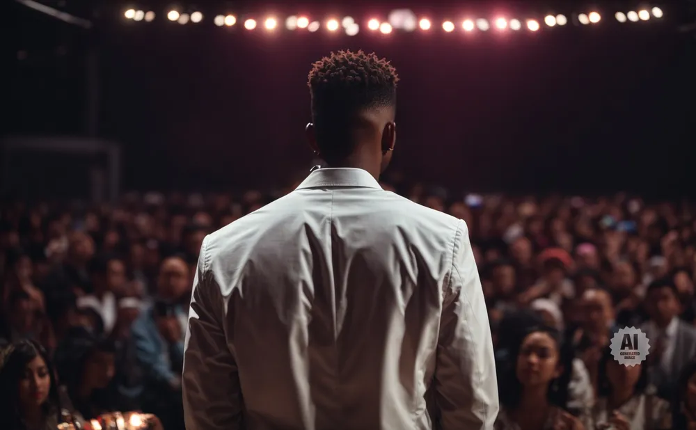 Man in a light suit facing a large, blurred audience under stage lights.