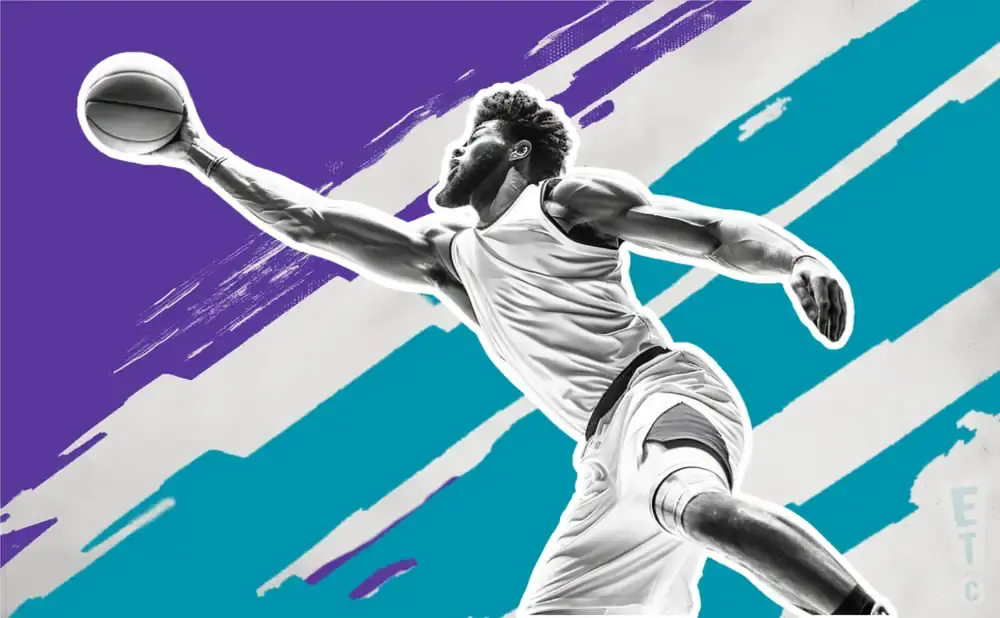 A basketball player dunks against a vibrant purple and teal background.