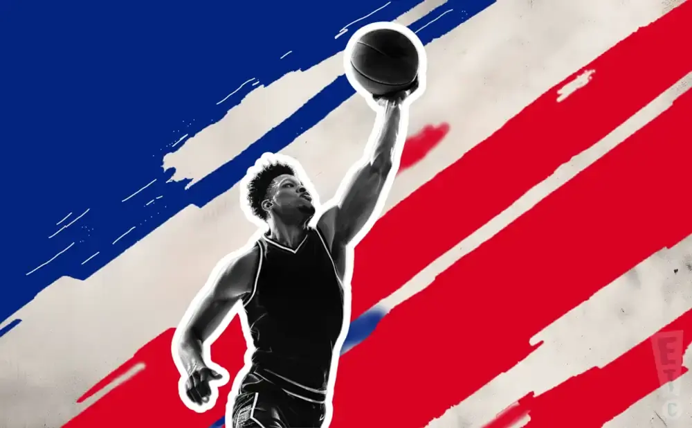 A basketball player dunks with a red, white, and blue background.