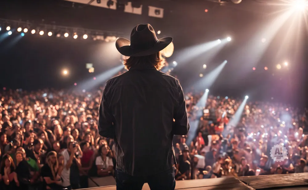 A person in a cowboy hat stands on a stage facing a large, cheering crowd at a concert.