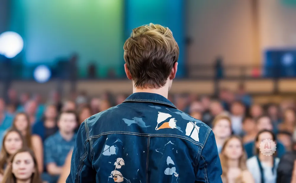A man with wavy hair wears a denim jacket with white and orange paint splatters, facing an audience.