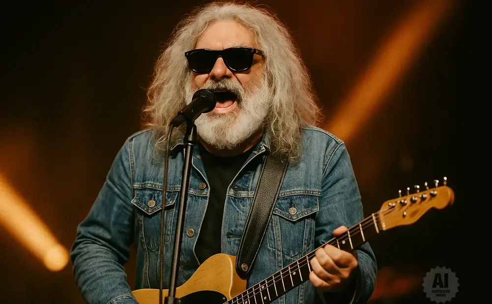 A man with long gray hair and a beard sings into a microphone while playing a guitar, wearing sunglasses and a denim jacket.