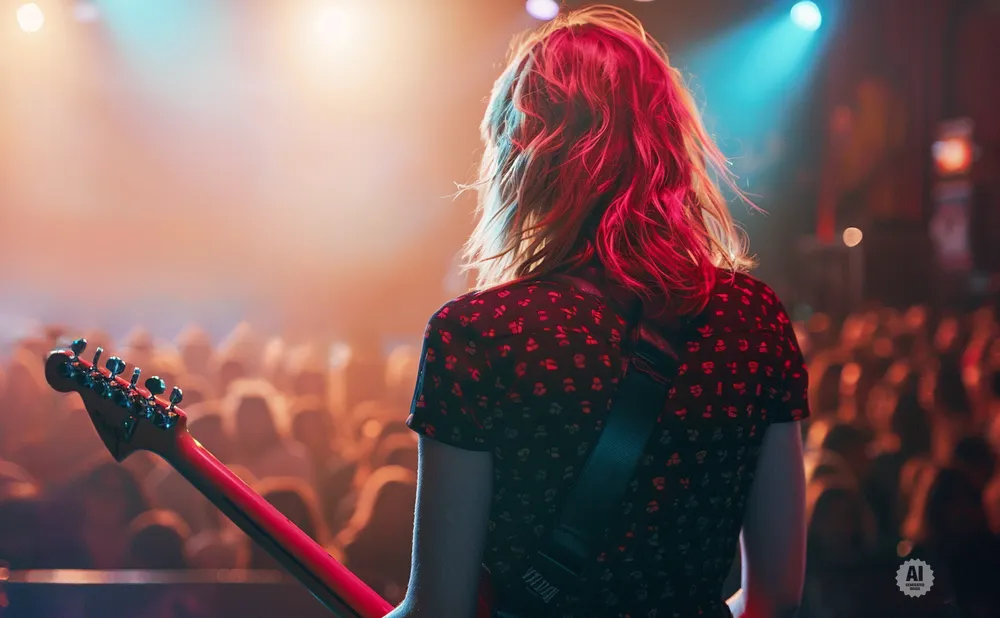 A guitarist on stage plays for a blurred audience, bathed in warm stage lights and a blue spotlight.