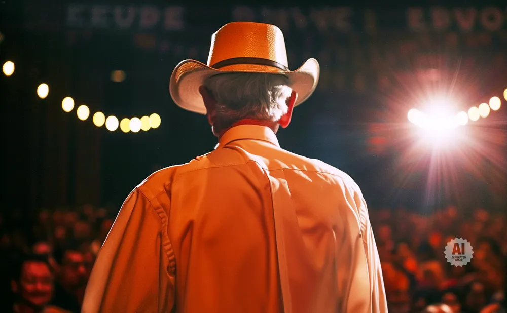Man in a cowboy hat and orange shirt seen from behind on stage, with blurred audience and bright lights.