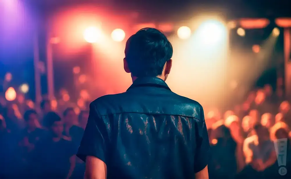 Man in a dark shirt faces away from the camera, looking at a blurred, brightly lit audience.