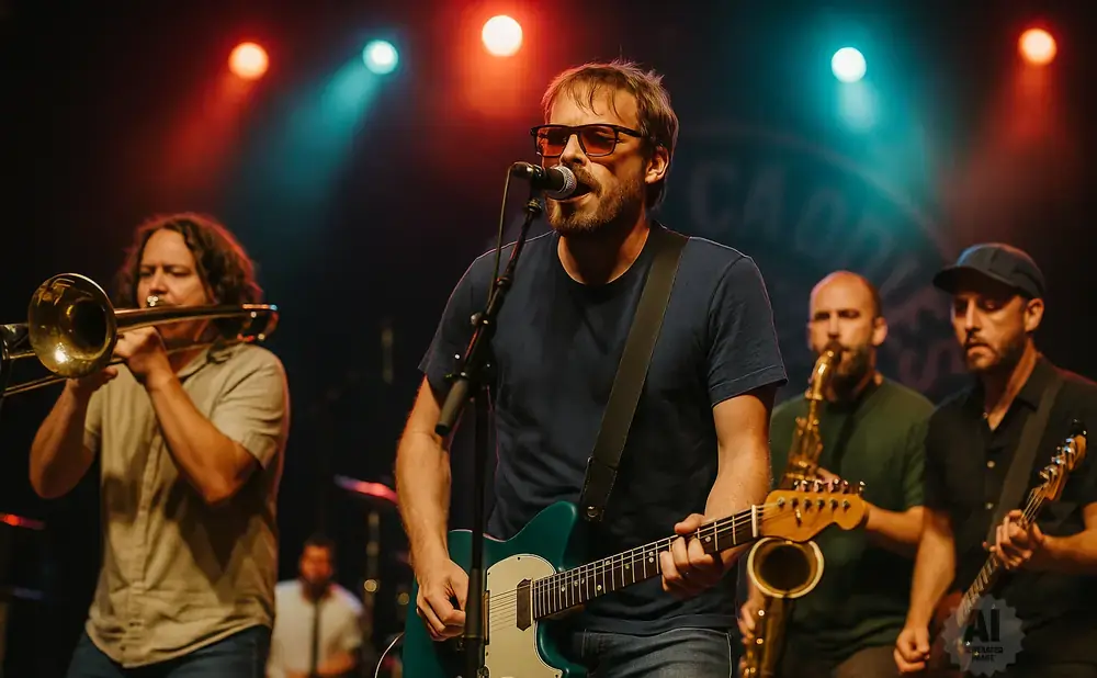 A band performs on stage with red and blue lights; a guitarist sings into a mic, a trombonist is on the left, and saxophonists are in the background.