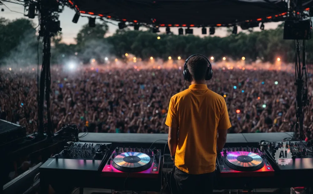 DJ with headphones on, playing music to a large crowd at an outdoor festival.