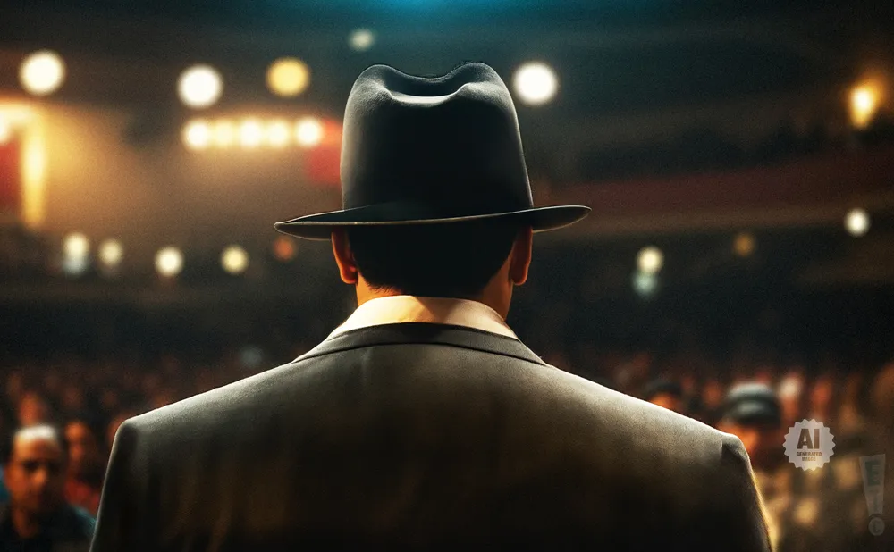 Man in a fedora and suit stands with back to camera, facing a blurred audience and stage lights.