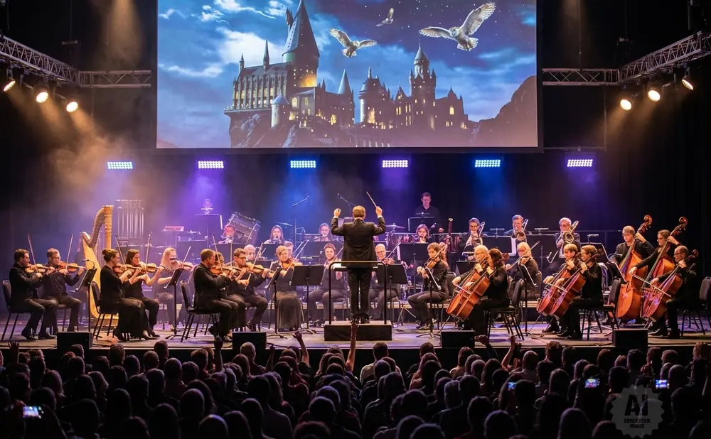 Orchestra plays a Harry Potter-themed concert in front of a Hogwarts castle backdrop to a cheering audience.