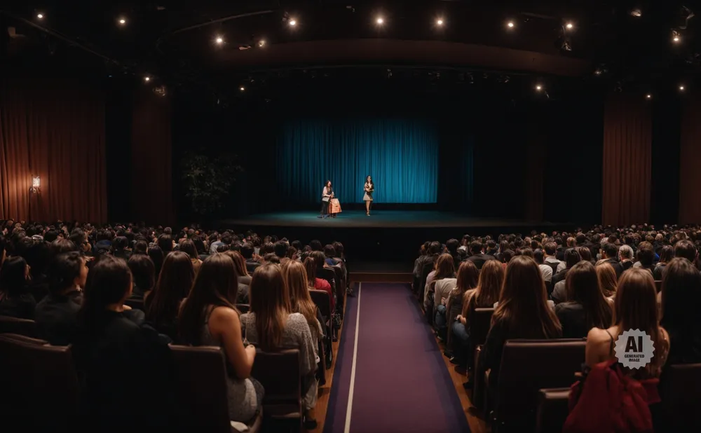 Audience in a dark theater watches two women on stage in front of a blue curtain.