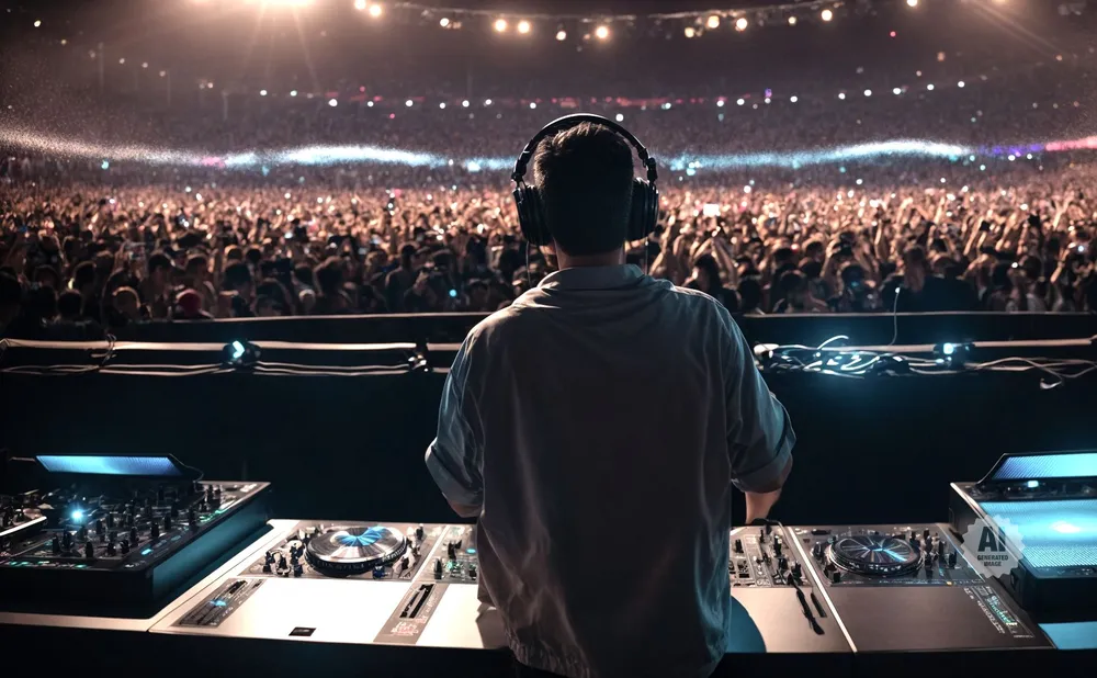 DJ with headphones plays music for a large, cheering crowd at a concert.