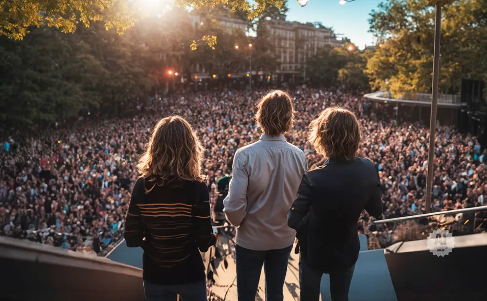 Performers stand on stage before a large, cheering crowd at an outdoor concert.