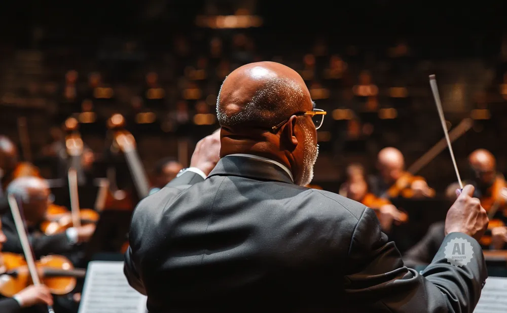 Conductor leading an orchestra, back of head and suit visible, orchestra blurred in background.